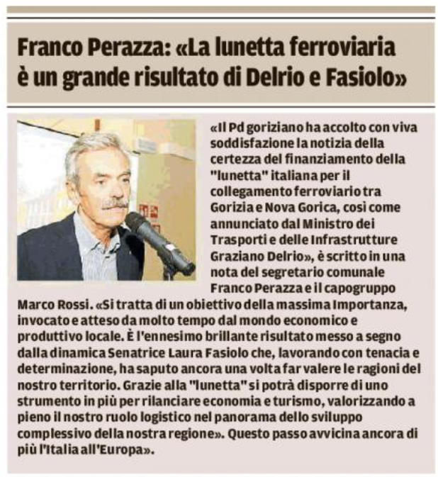 Franco Perazza: «La lunetta ferroviaria è un grande risultato di Delrio e Fasiolo»
