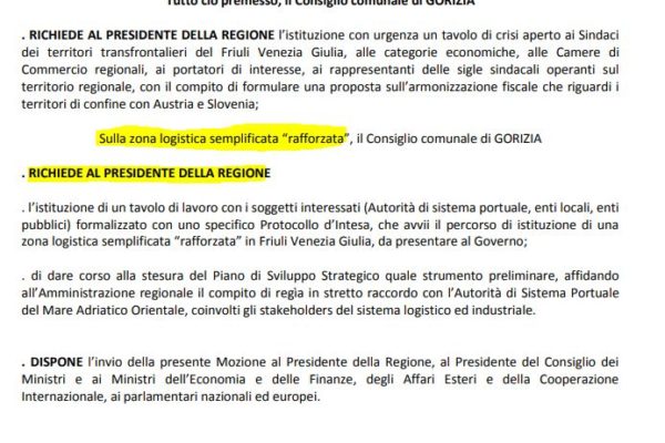 Il Consiglio approva avvio iter per zona a investimenti agevolati